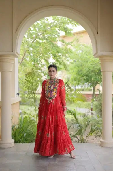 Beautiful Trendy Bandhani Print Faux Georgette Maxi Gown With Full Sleeves For Navrati