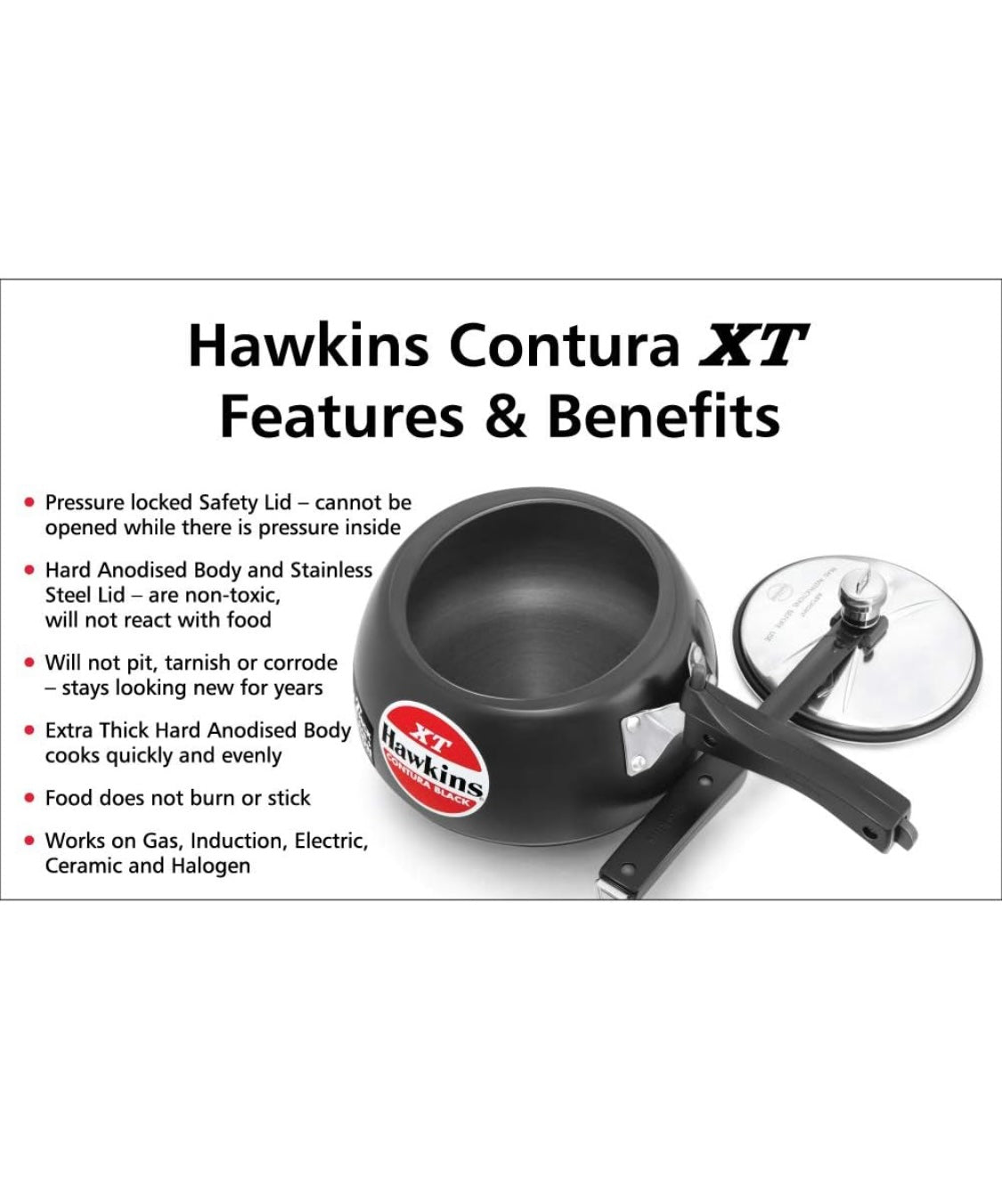 Hawkins Contura Black XT 5 Litre Inner Lid Pressure Cooker, Hard Anodised Cooker, Induction Cooker, Handi Cooker, Black (CXT50)