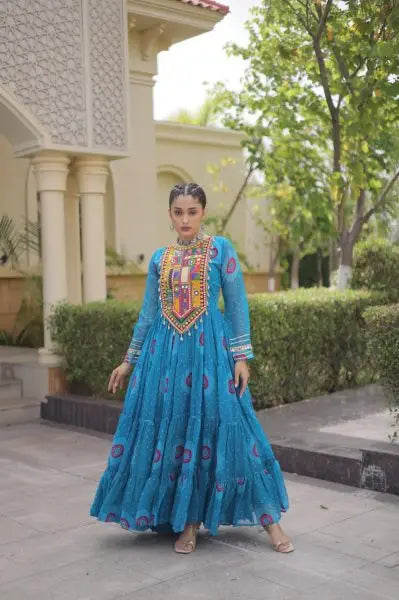 Beautiful Trendy Bandhani Print Faux Georgette Maxi Gown With Full Sleeves For Navrati