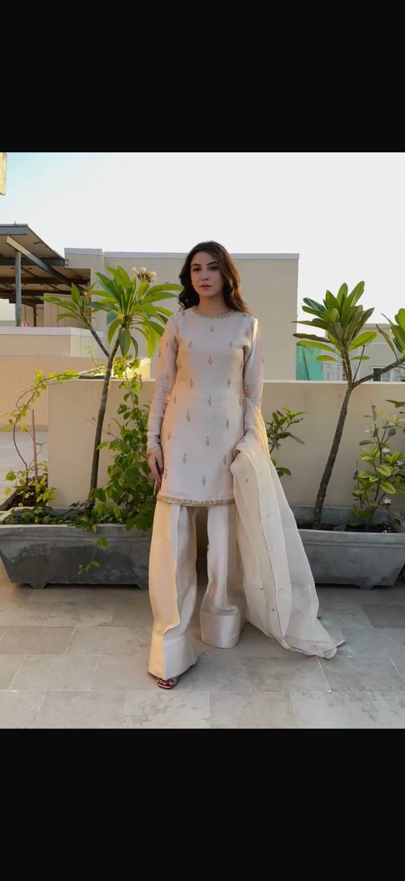 Beautiful designer Cream Kurta With Farshi Palazzo in Natural Satin With Embroidery and Dupatta