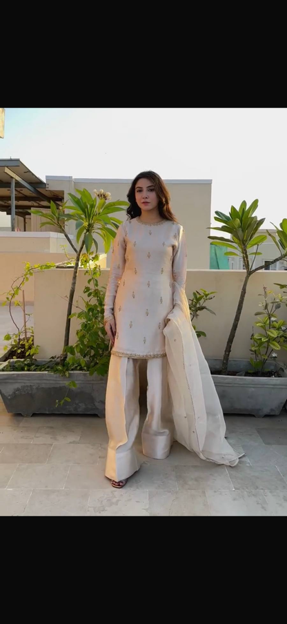 Beautiful designer Cream Kurta With Farshi Palazzo in Natural Satin With Embroidery and Dupatta