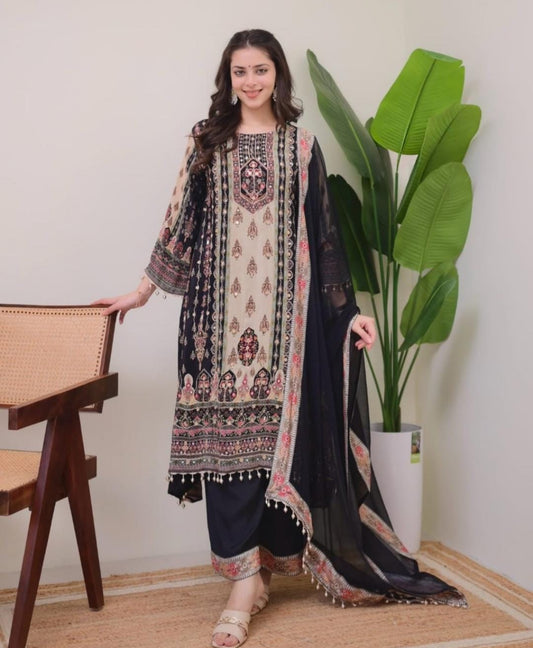 Beautiful designer black MUSLIN DIGITAL PRINT PLAZO SUIT SET