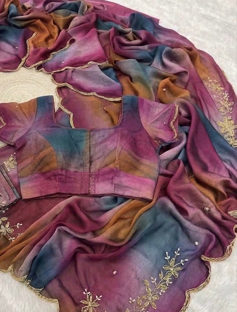 Beautiful designer Soft Rangoli Crush Silk Saree with readymade blouse