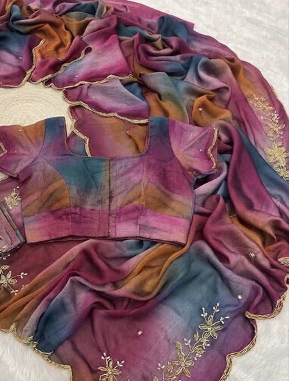 Beautiful designer Soft Rangoli Crush Silk Saree with readymade blouse