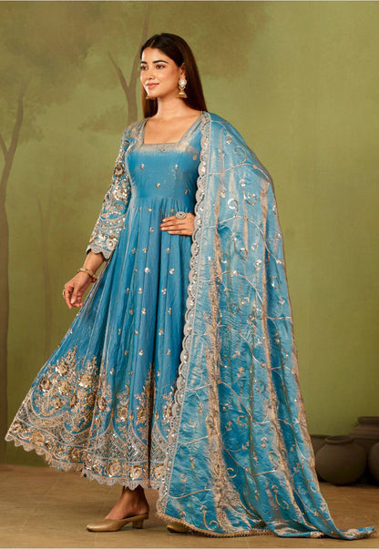 Beautiful designer Fandy Silk Embroidered Gown Set With Dupatta And Pant For Women