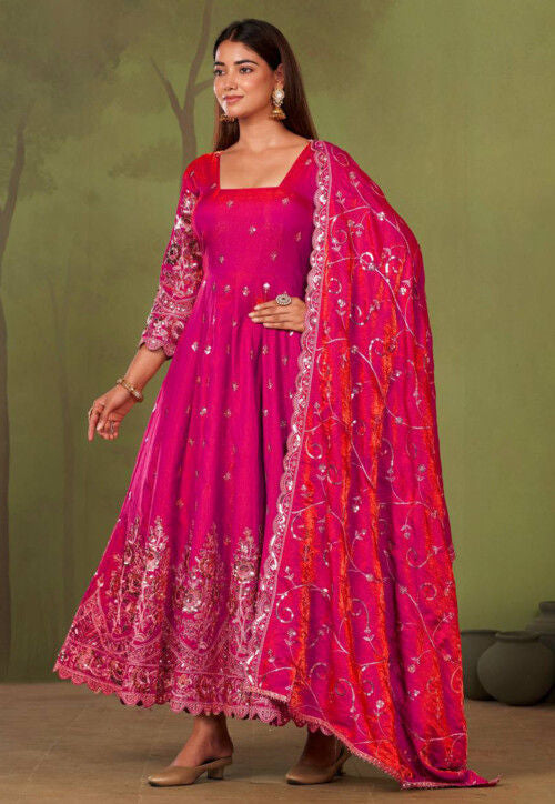 Beautiful designer Fandy Silk Embroidered Gown Set With Dupatta And Pant For Women
