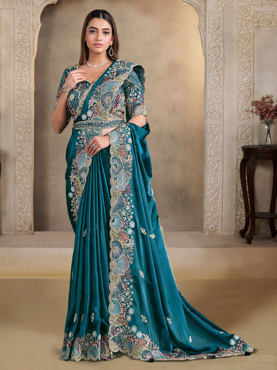 Beautiful designer Teal Blue Crush Satin Silk Saree With Pearl Work