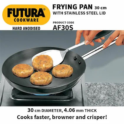 Hawkins Futura 30 cm Frying Pan, Hard Anodised Fry Pan with Stainless Steel Handle and Stainless Steel Lid, Big Frying Pan, Black (AF30S)