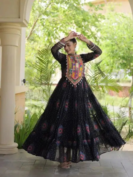 Beautiful Trendy Bandhani Print Faux Georgette Maxi Gown With Full Sleeves For Navrati