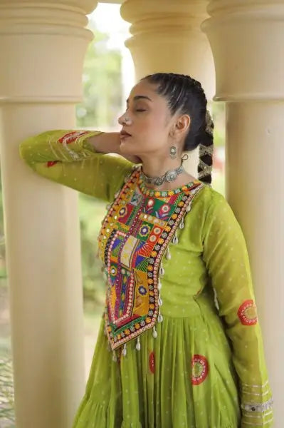Beautiful Trendy Bandhani Print Faux Georgette Maxi Gown With Full Sleeves For Navrati