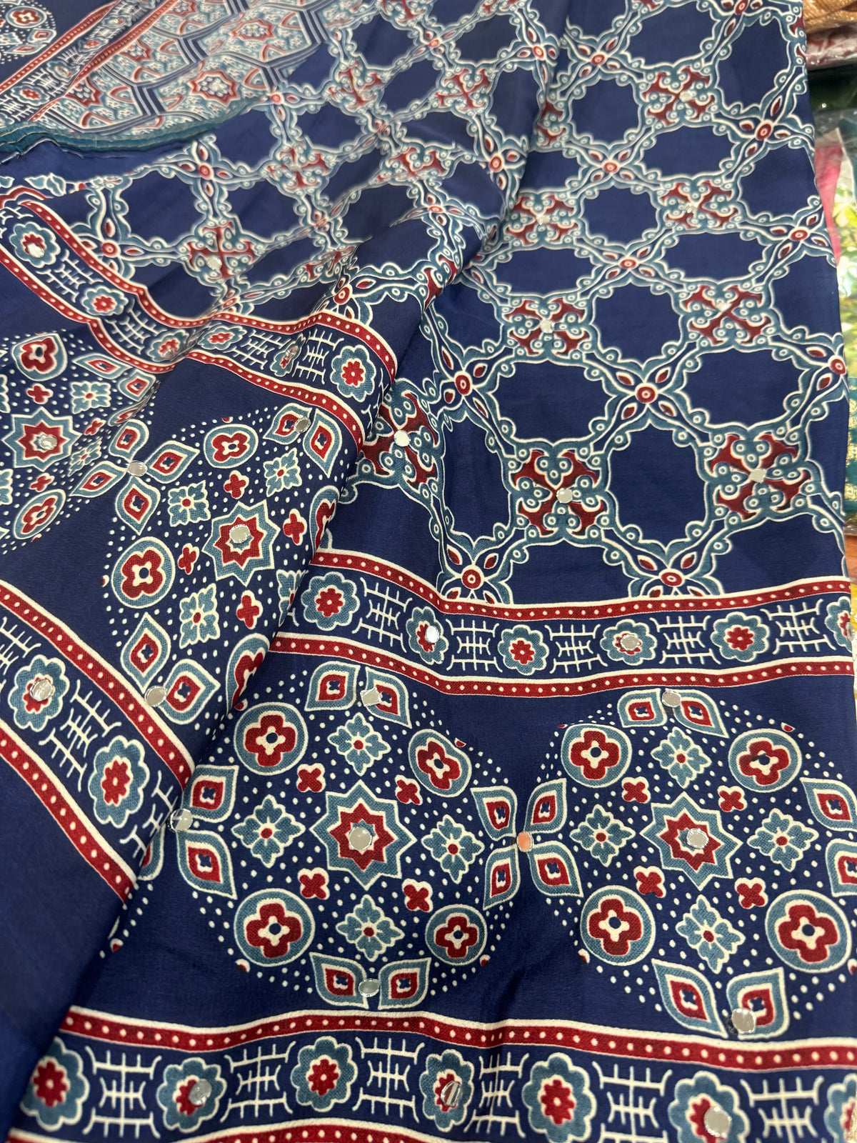 Beautiful designer Ajrakh Modal Silk Saree with Mirror Work & Pallu Tassels