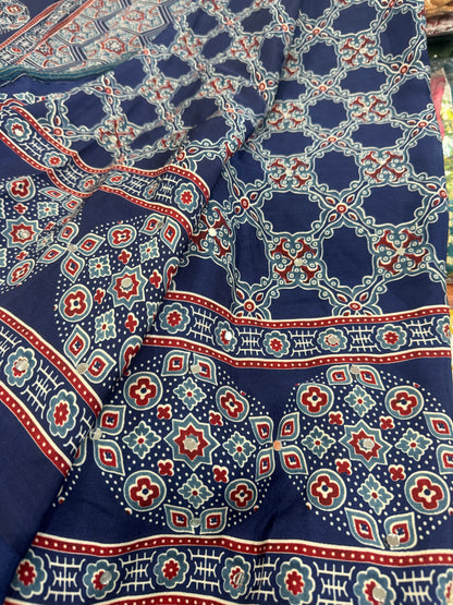 Beautiful designer Ajrakh Modal Silk Saree with Mirror Work & Pallu Tassels