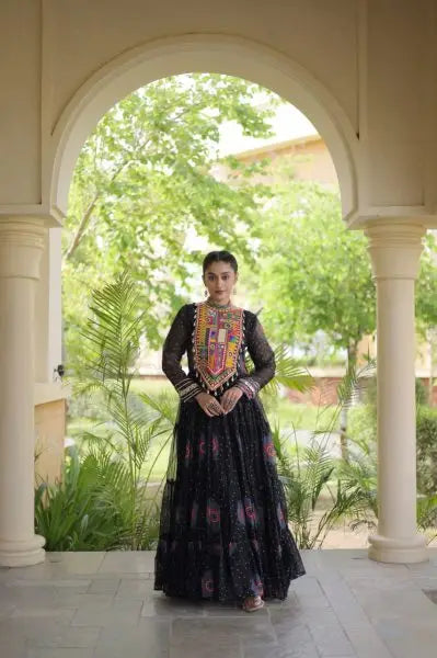 Beautiful Trendy Bandhani Print Faux Georgette Maxi Gown With Full Sleeves For Navrati