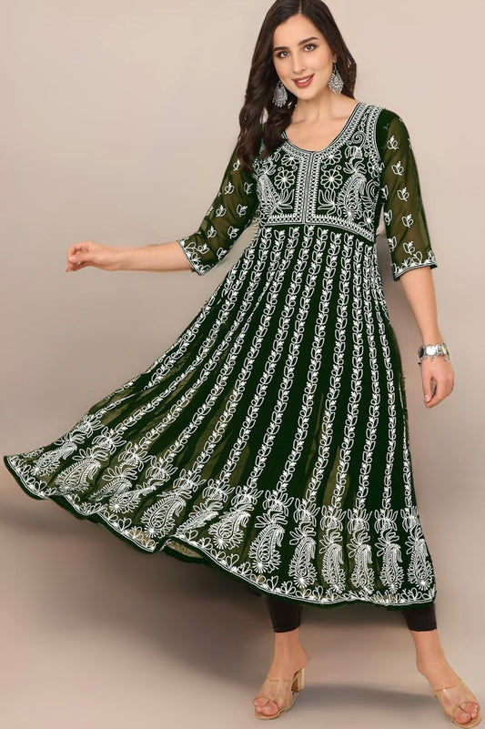 Beautiful designer lucknowi embroidery flare kurti