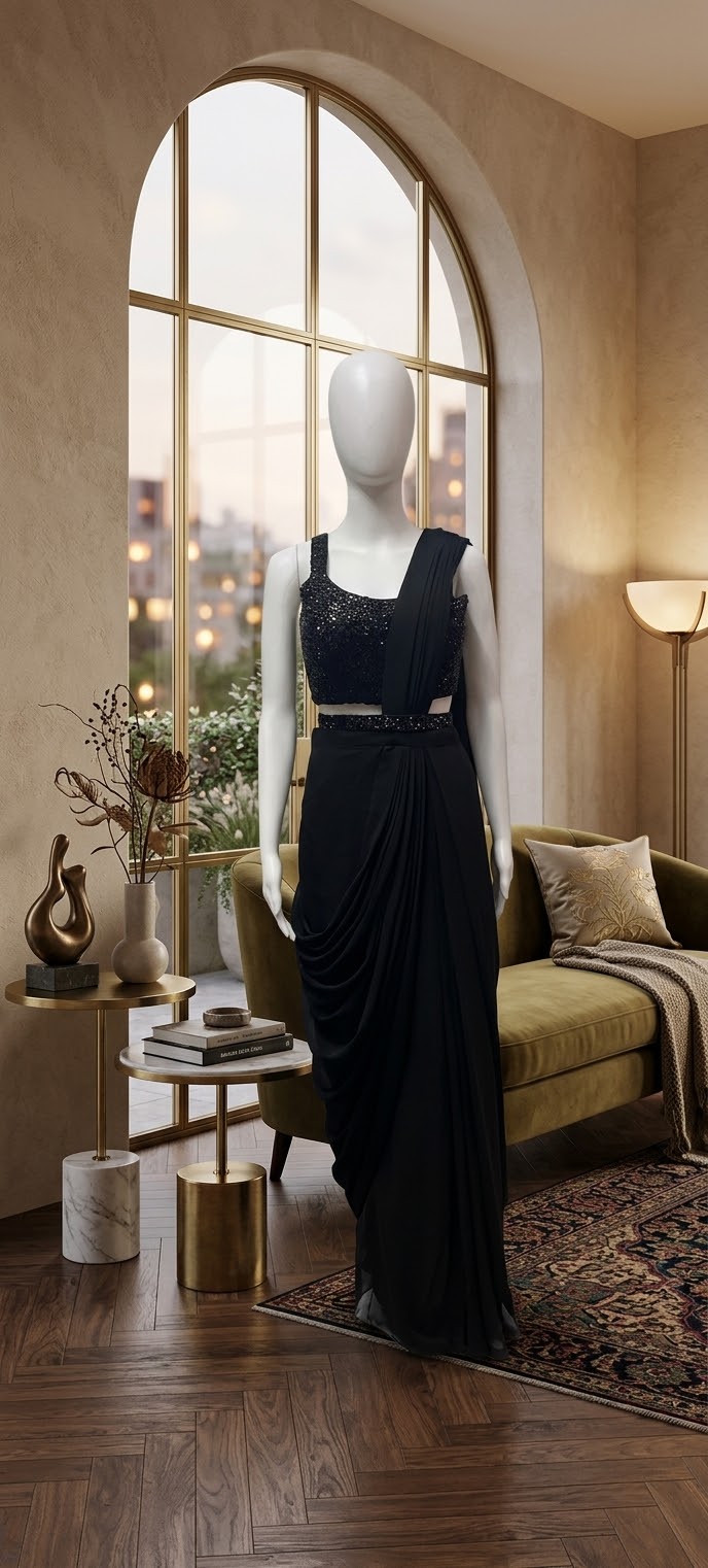 CLASSIC BLACK PRE-STITCHED SAREE WITH SEQUIN EMBELLISHED BLOUSE – CONTEMPORARY INDIAN PARTY & FESTIVE WEAR
