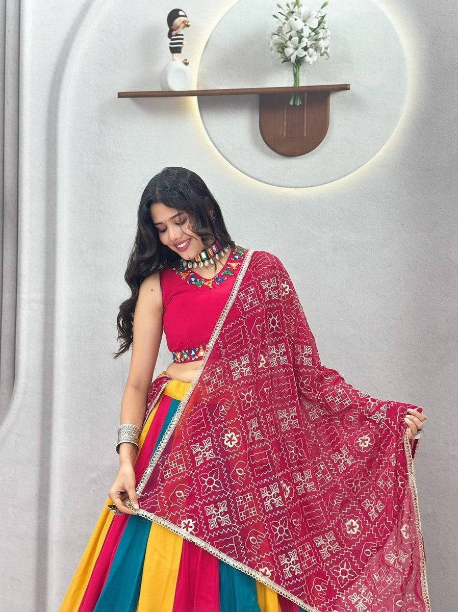 NEW Women Pure Cotton Multicolor Lehenga Choli Bandhani Dupatta Navratri Dress