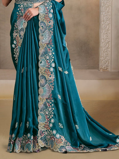 Beautiful designer Teal Blue Crush Satin Silk Saree With Pearl Work