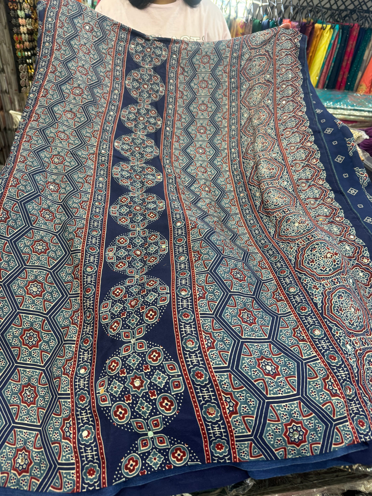 Beautiful designer Ajrakh Modal Silk Saree with Mirror Work & Pallu Tassels