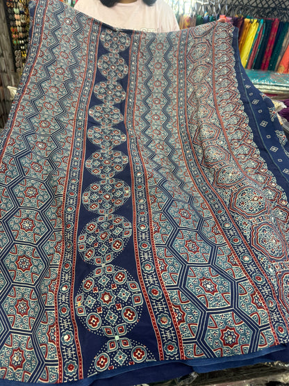 Beautiful designer Ajrakh Modal Silk Saree with Mirror Work & Pallu Tassels