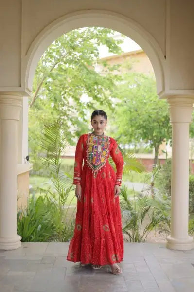 Beautiful Trendy Bandhani Print Faux Georgette Maxi Gown With Full Sleeves For Navrati