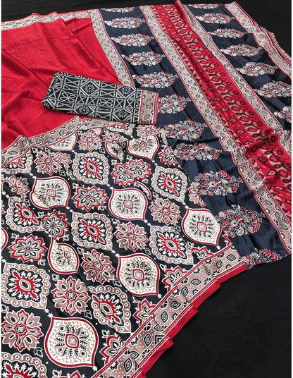 Beautiful designer Ajrakh Modal Silk Saree with Mirror Work & Pallu Tassels