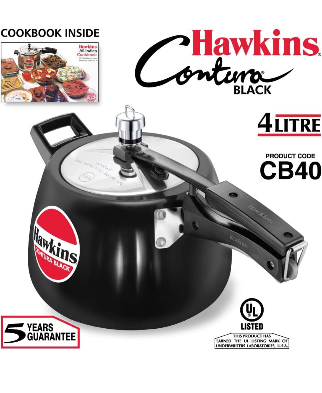 Hawkins Contura Hard Anodized Pressure Cooker, 4.0 Liter Capacity