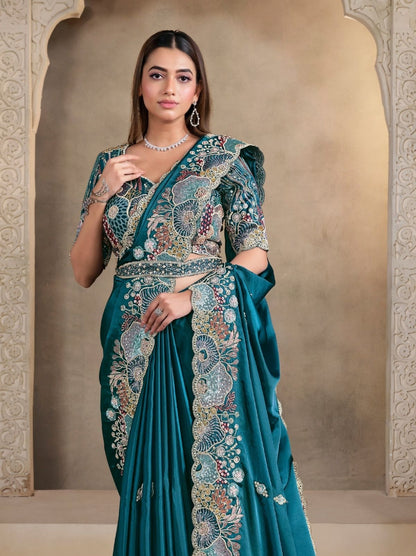 Beautiful designer Teal Blue Crush Satin Silk Saree With Pearl Work