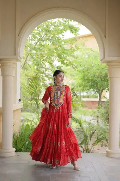 Beautiful Trendy Bandhani Print Faux Georgette Maxi Gown With Full Sleeves For Navrati