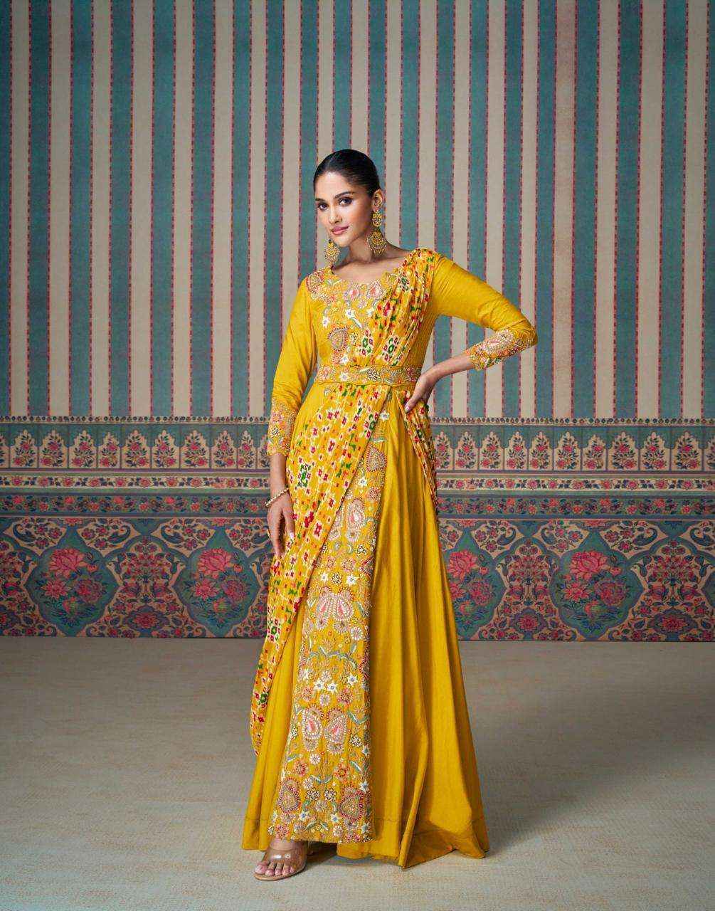Beautiful designer Yellow Embroidered Silk Anarkali Gown with Asymmetrical saree Draping