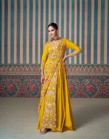 Beautiful designer Yellow Embroidered Silk Anarkali Gown with Asymmetrical saree Draping