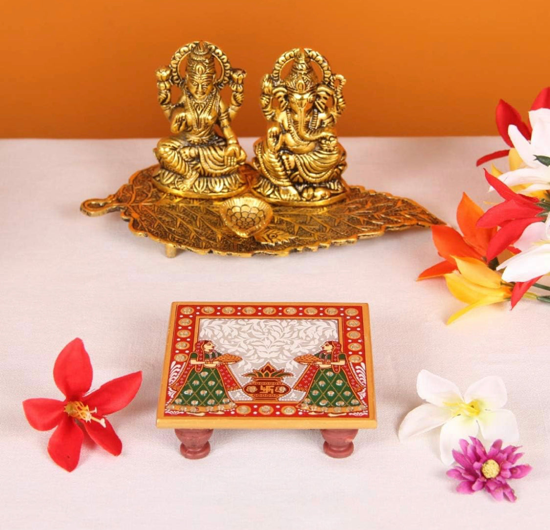 Marble Puja Chowki with Kalash (10.16 Cm X 10.16 Cm X 2.54 Cm.