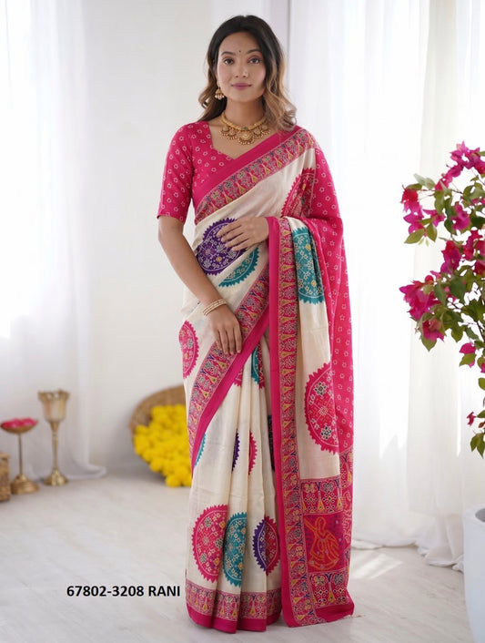 Beautiful designer Ajrakh Modal Silk Saree with Mirror Work & Pallu Tassels
