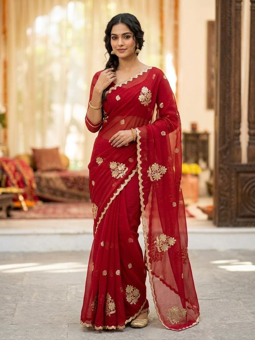 Beautiful designer embroidery chiffon saree