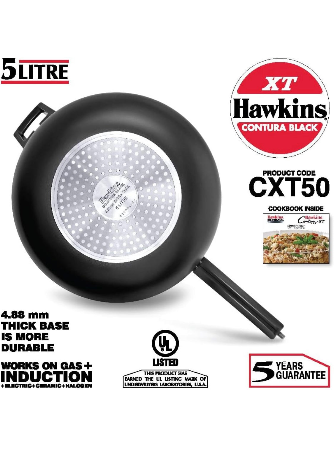 Hawkins Contura Black XT 5 Litre Inner Lid Pressure Cooker, Hard Anodised Cooker, Induction Cooker, Handi Cooker, Black (CXT50)