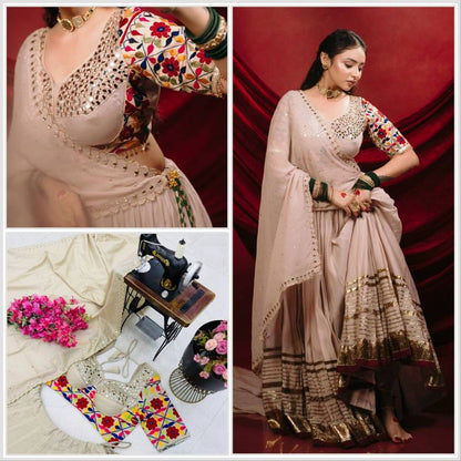 Charming Cream Designer Mal Mal Cotton Lehenga Set With Real Mirror Work For Navratri Wear