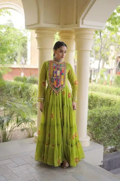Beautiful Trendy Bandhani Print Faux Georgette Maxi Gown With Full Sleeves For Navrati