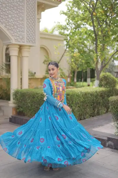 Beautiful Trendy Bandhani Print Faux Georgette Maxi Gown With Full Sleeves For Navrati