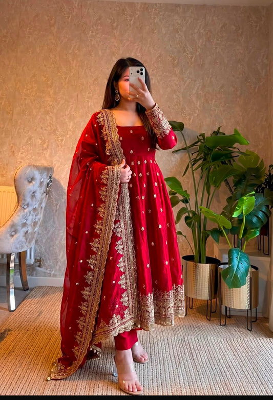Beautiful designer Fandy Silk Embroidered Gown Set With Dupatta And Pant For Women
