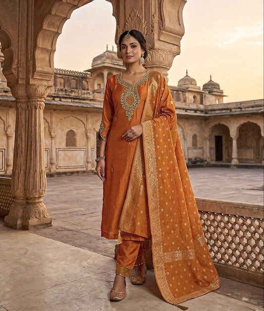 Beautiful designer burnt orange Pakistani style suit