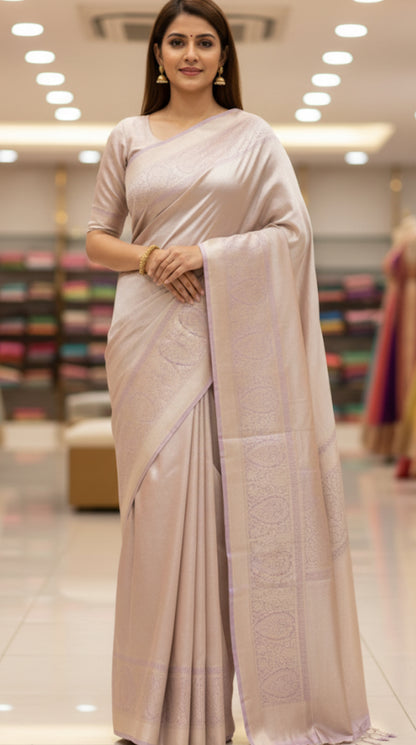 Beautiful Pure kanchipuram tissue silk saree pastel lavender shade with allover silver zari woven brocade weaves and silver zari woven border