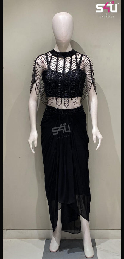 Beautiful designer Black Cape Tulle Embroidered Sequins Cape Open Wave Draped Skirt Set