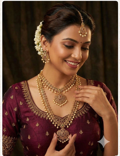 Beautiful designer American diamond set of 2 necklace set with matching earrings & bindi