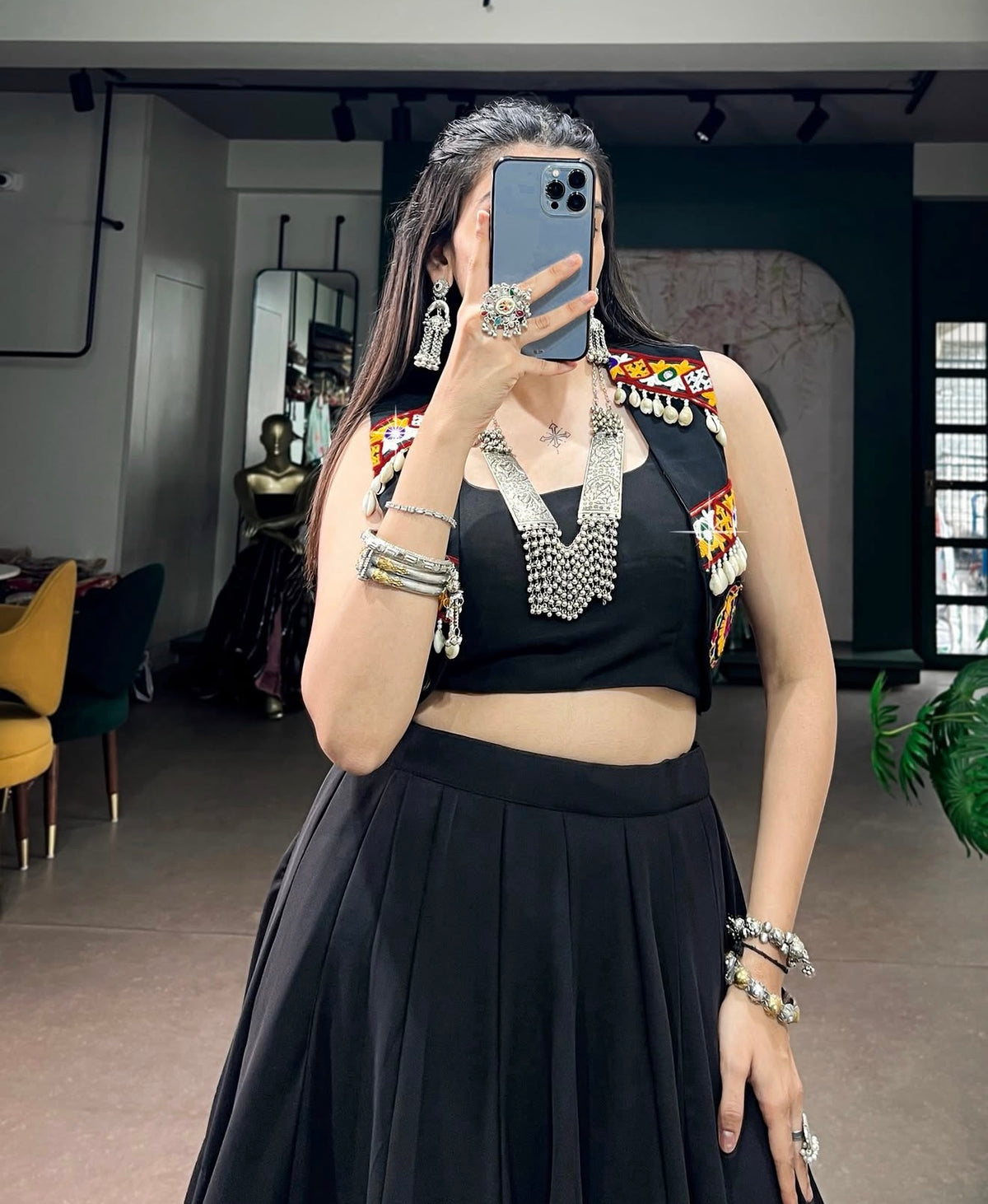 Black Multi-Panel Lehenga Choli with Embroidered Jacket