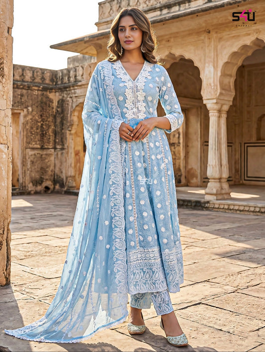 Beautiful designer Powder Blue Embroidered Cotton Suit Set