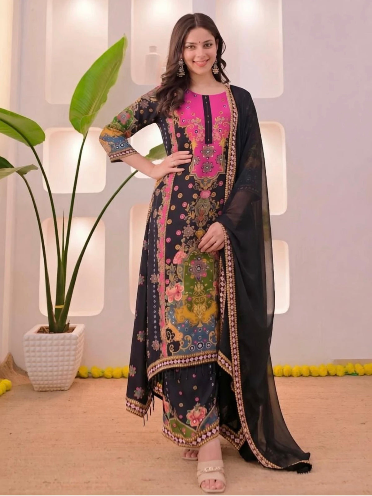 Beautiful designer Multicolor Printed Kurti Palazzo Set with  Dupatta