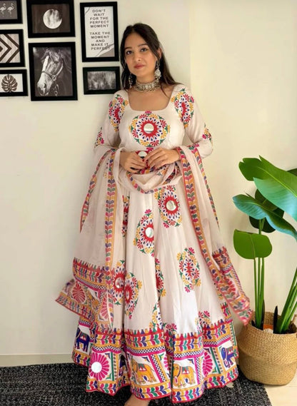Beautiful designer Moss Satin Anarkali Gown With Hand Mirror Embroidery