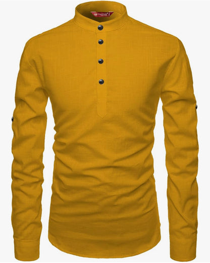 Beautiful designer Men's Slim Fit Full Sleeve Yellow Cotton Short Kurta