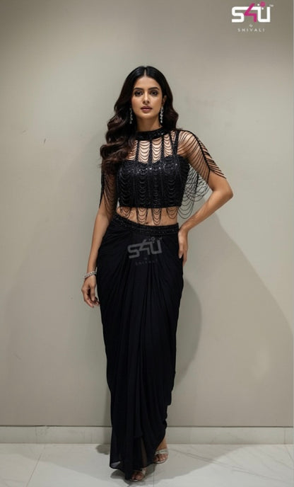 Beautiful designer Black Cape Tulle Embroidered Sequins Cape Open Wave Draped Skirt Set