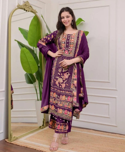 Beautiful designer purple MUSLIN DIGITAL PRINT PLAZO SUIT SET