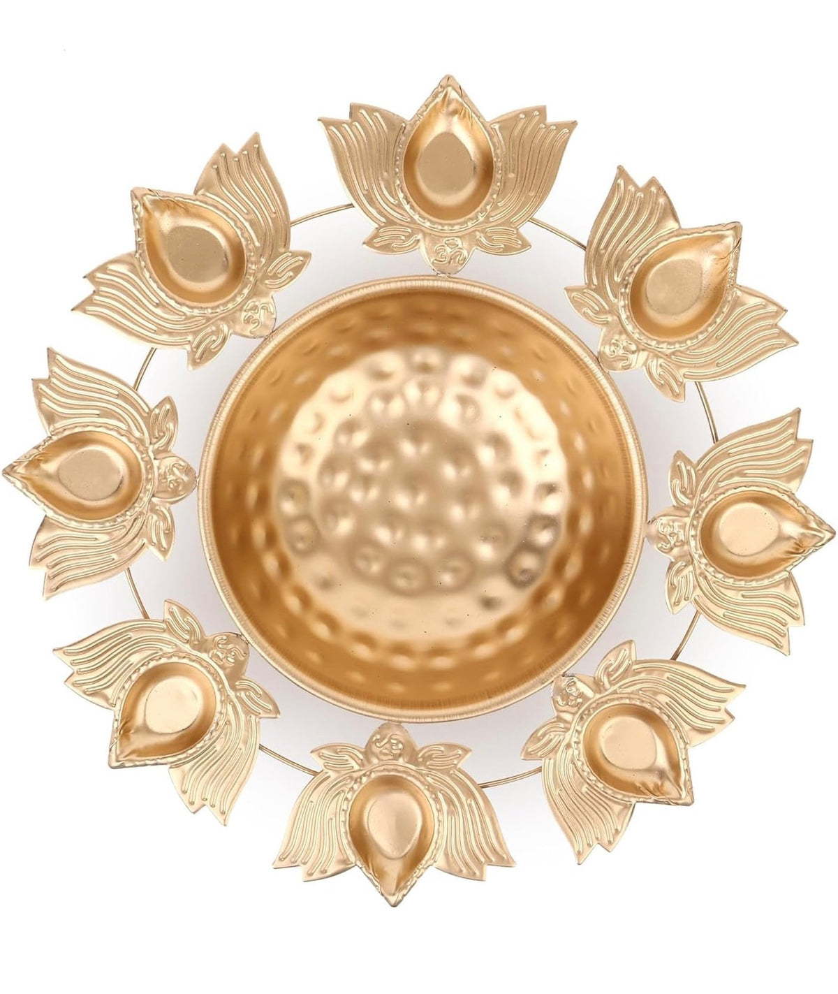 Elegant Golden Lotus-Shaped Decorative Bowl with 8 Diyas for Diwali, Pooja, and Home Décor - Premium Metal Decorative Piece for Festivals, Gifts, and Religious Ceremonies